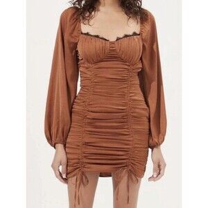 ASTR the Label Mardi Lace Trim Ruched Sweetheart Mini Dress Bronze M